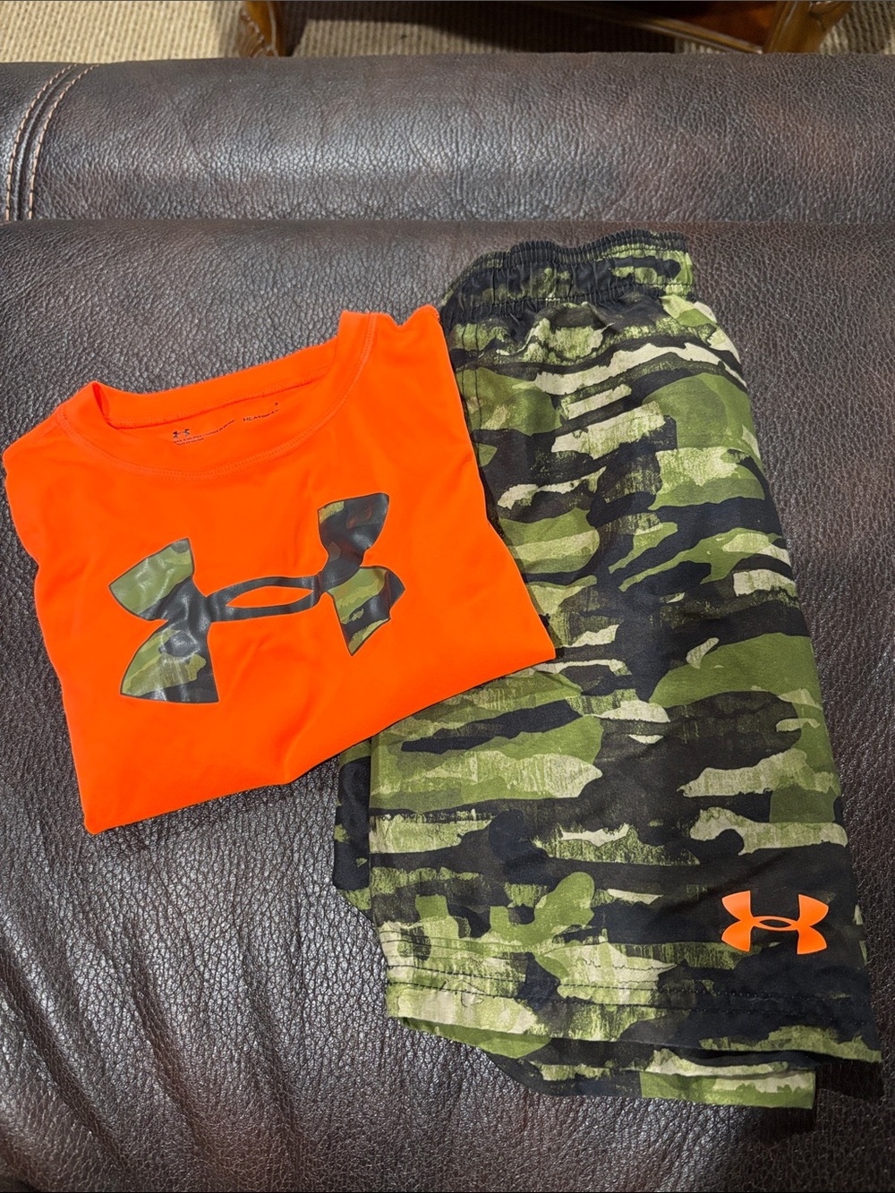 Under Armour Swim Orange Tee with Green Camo Shorts SPF 50